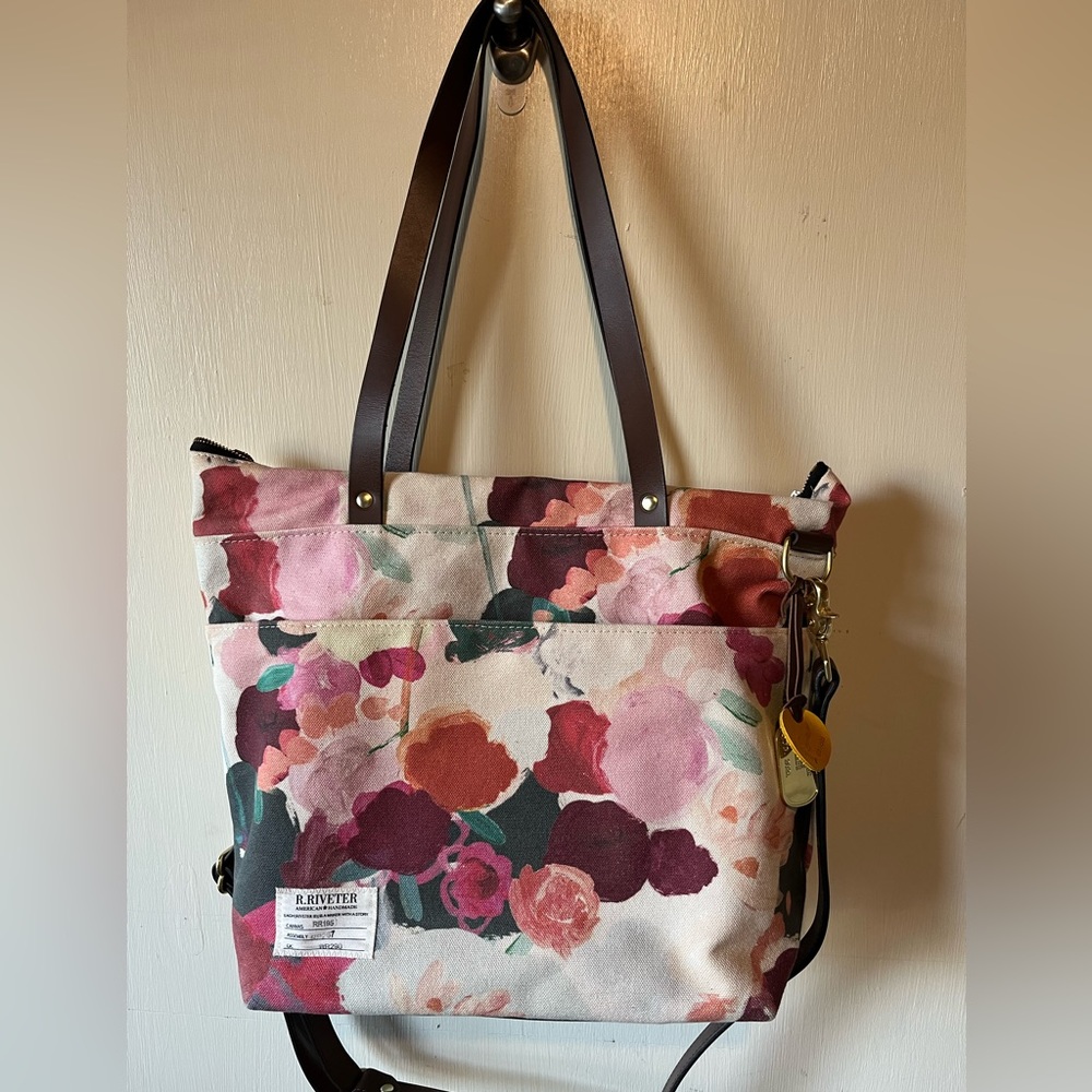 R. RIVETER, Ada Tote Bag, pink floral canvas, brown leather